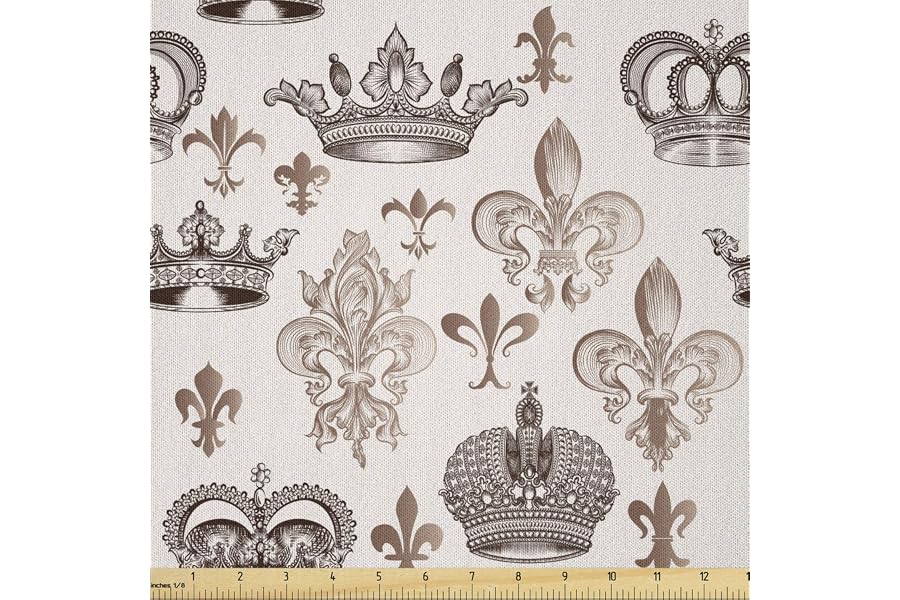 Lunarable Fleur De Lis Fabric by The Yard, Crowns and Fleur-de-Lis Shapes in Engraved Style Fame Symbolic Artwork Print, Microfiber Fabric for Arts and Crafts Textiles & Decor, 2 Yards, Beige Tan