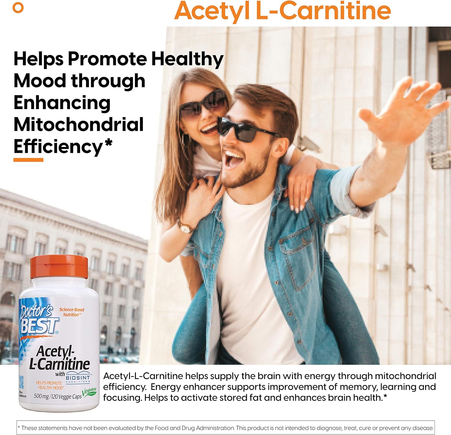 Doctor's Best Acetyl L-Carnitine, Help Boost Energy Production, Support Memory/Focus, Mood, Non-GMO, Vegan, Gluten Free, 120 Count (Pack of 1) (DRB-00152): Health & Personal Care