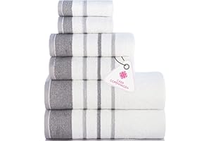 CASA COPENHAGEN White Bay 600 GSM Egyptian Cotton Towel for Hotel Spa Kitchen Bathroom, Set of 6, 2Bath, 2Hands, 2Washcloths - White with Dark Grey Light Grey Border
