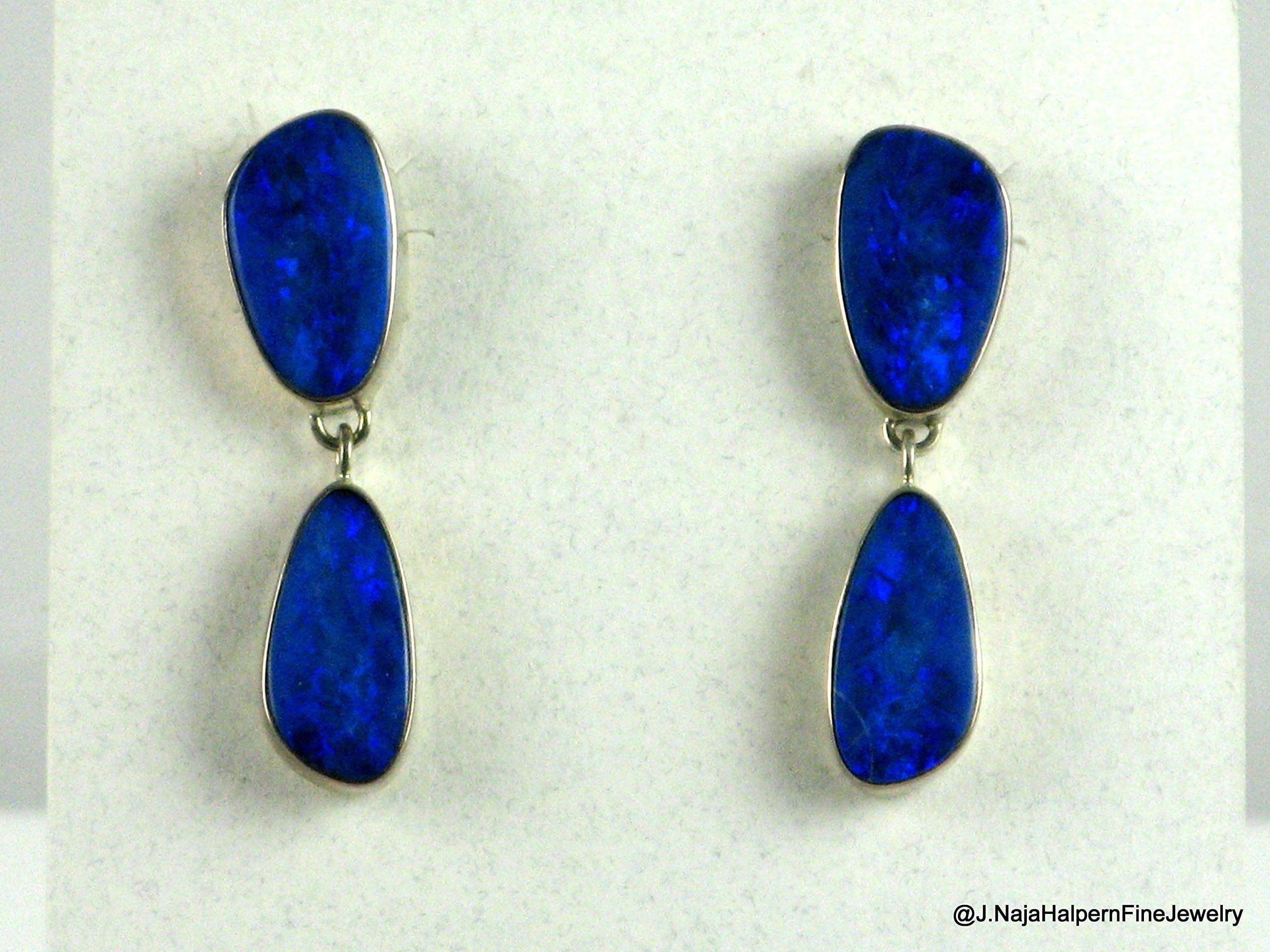 Blue Boulder Opal Earrings in Sterling Silver 925. Handmade lightweight post earrings. Overall length 1 3/8 inch