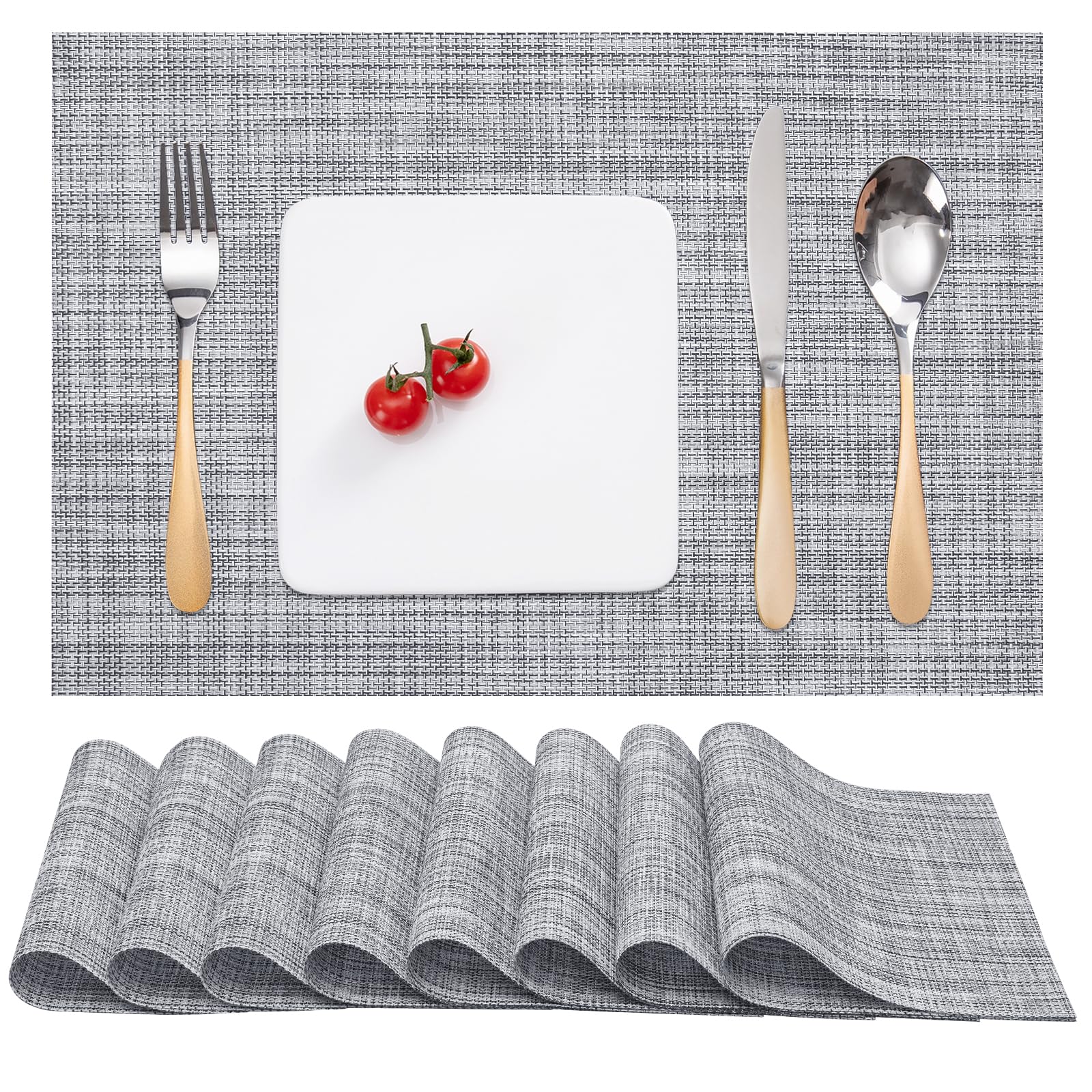 Myir JUN Table Mats Set of 8, Place Mats Table Placemats Washable Non-slip Heat Insulation Woven Vinyl for Kitchen Dinning Restaurant 17"X12" (Light Gray)