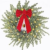 AMORISE 26" Norfolk Pine Wreath, Christmas Wreath for Front Door, Winter Large Greenery Wreath with Lights, Red Bow, Bell, Artificial Wreaths for Indoor Outdoor Holiday Decor, FF11