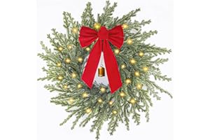 AMORISE Christmas Wreath with Lights, 26 in Norfolk Pine Wreath for Front Door, Large Greenery Wreath with Red Bow, Bell, Real Touch Artificial Wreaths for Indoor Outdoor Holiday Decor, FF11