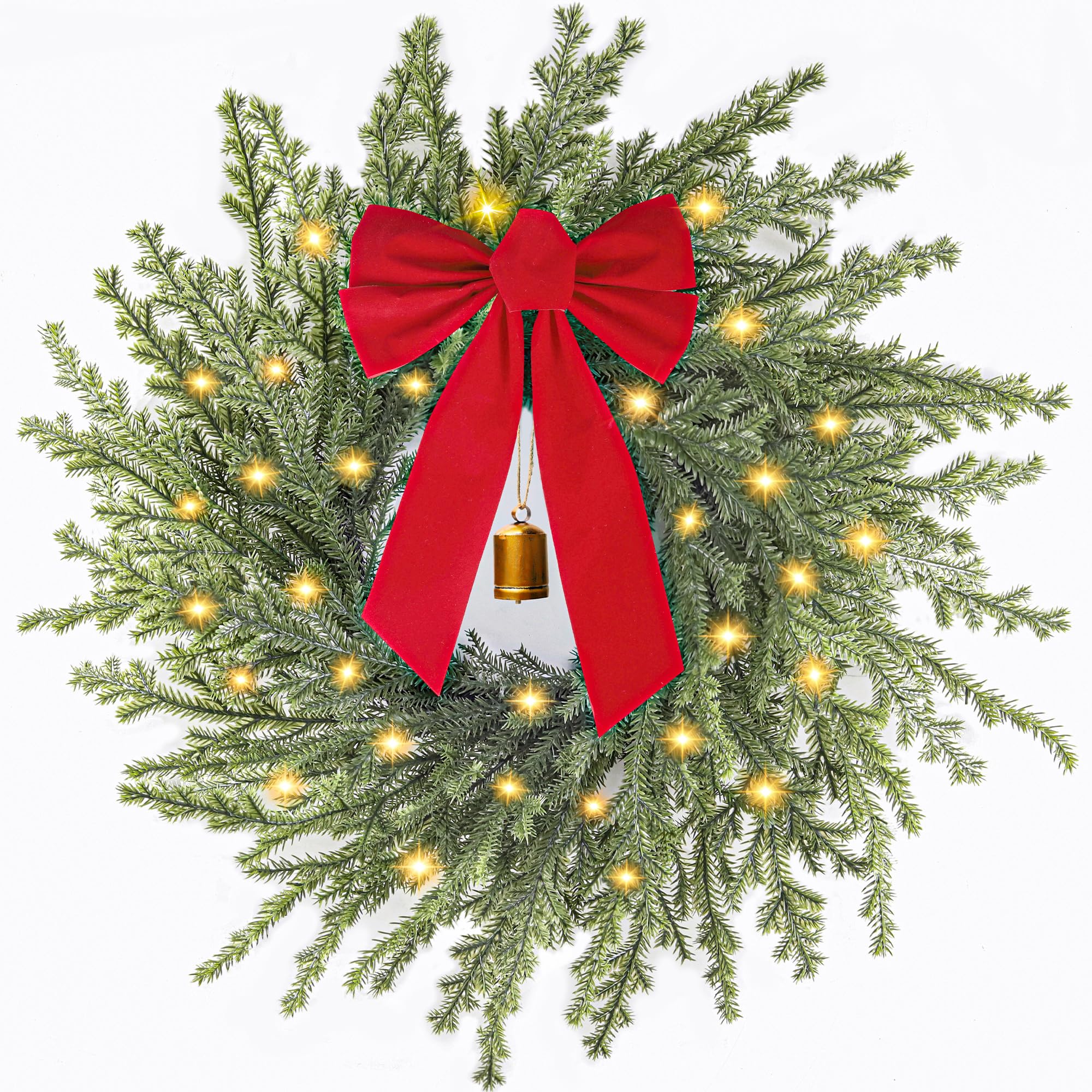 Photo 1 of **MISSING LIGHTS**
AMORISE 26" Norfolk Pine Wreath, Christmas Wreath for Front Door, Winter Large Greenery Wreath with Lights, Red Bow, Bell, Artificial Wreaths for Indoor Outdoor Holiday Decor, FF11