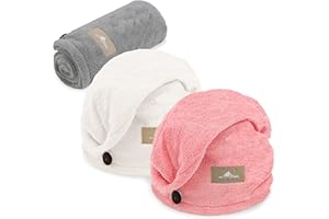 myHomeBody Hair Towel Wrap, Luxury Quick Drying Turban, Ultra Soft Absorbent Charcoal Fiber Cap, with Coconut Shell Button – Light Gray, Pink, White, 3 Pack