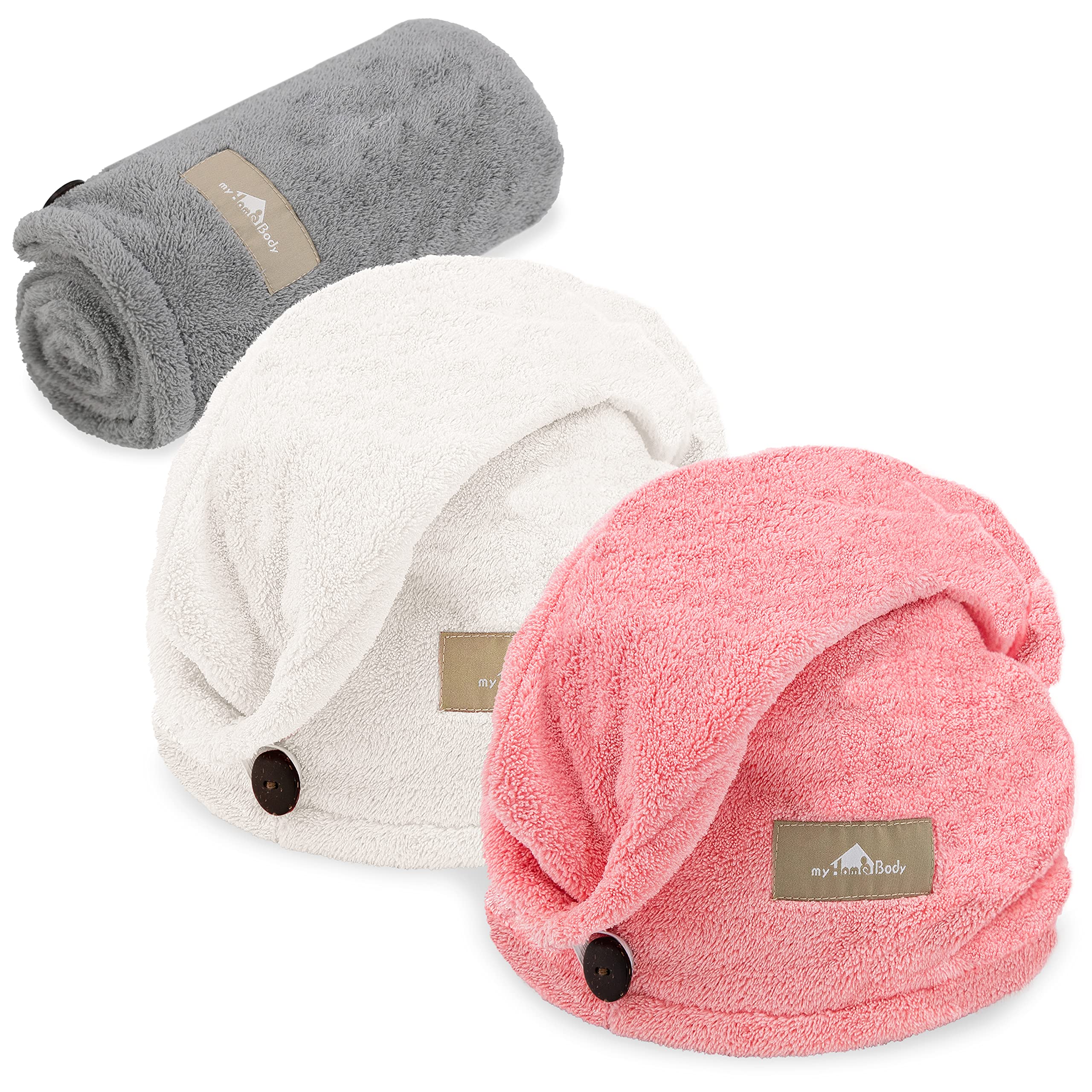 myHomeBody Microfiber Hair Towel Wrap For Quick Dry, 3 Colors + 1 Scrunchie Microfiber Hair Towels Set, Pink, Grey, White, Soft Texture & Suitable For All Hair Types