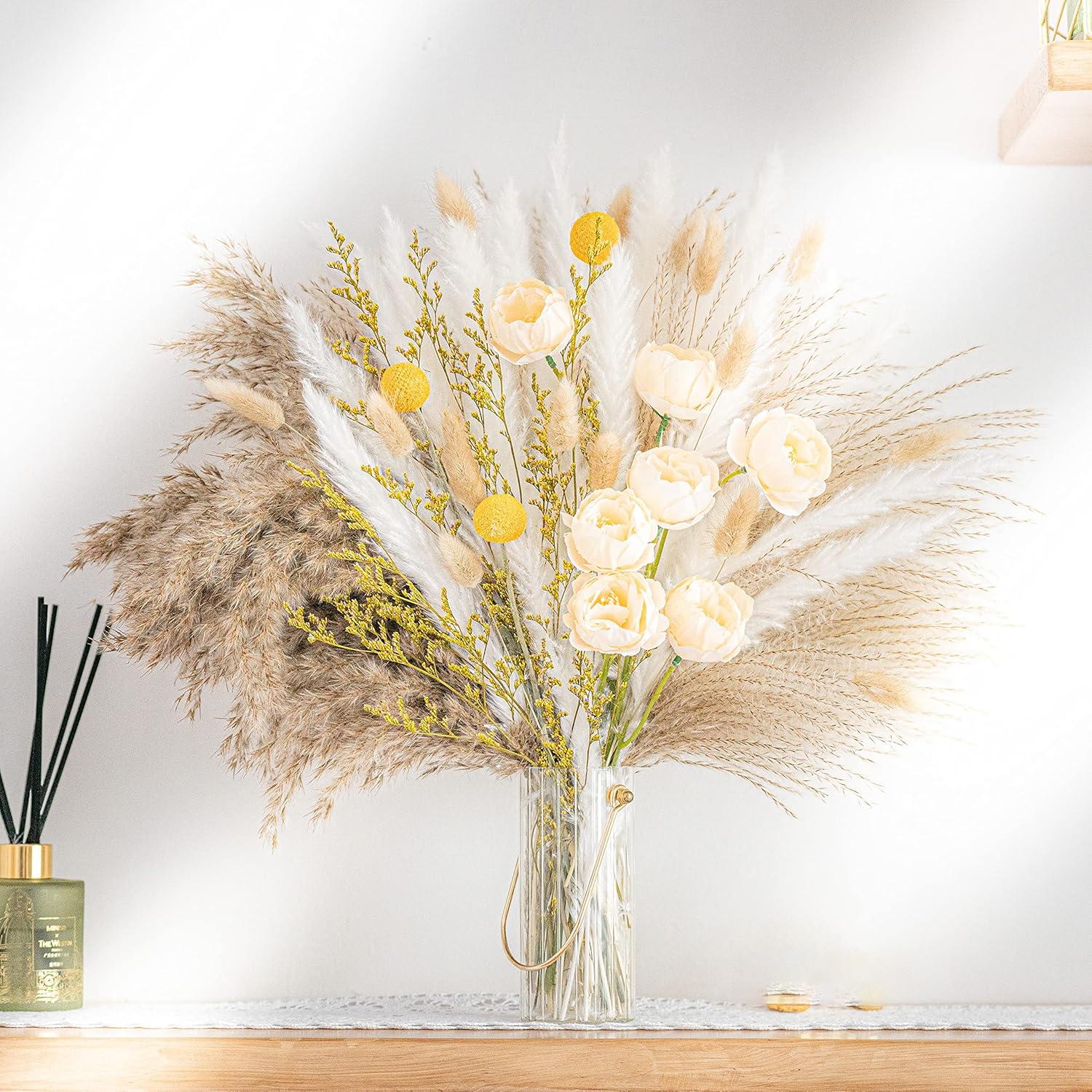 Dried & Preserved Flora - 94PCS Natural Pampas Grass Bouquet Decor | Long-Lasting Dried Flowers Bouquet for Boho Home Decor and Boho Wedding Decor (94PCS Bouquet)