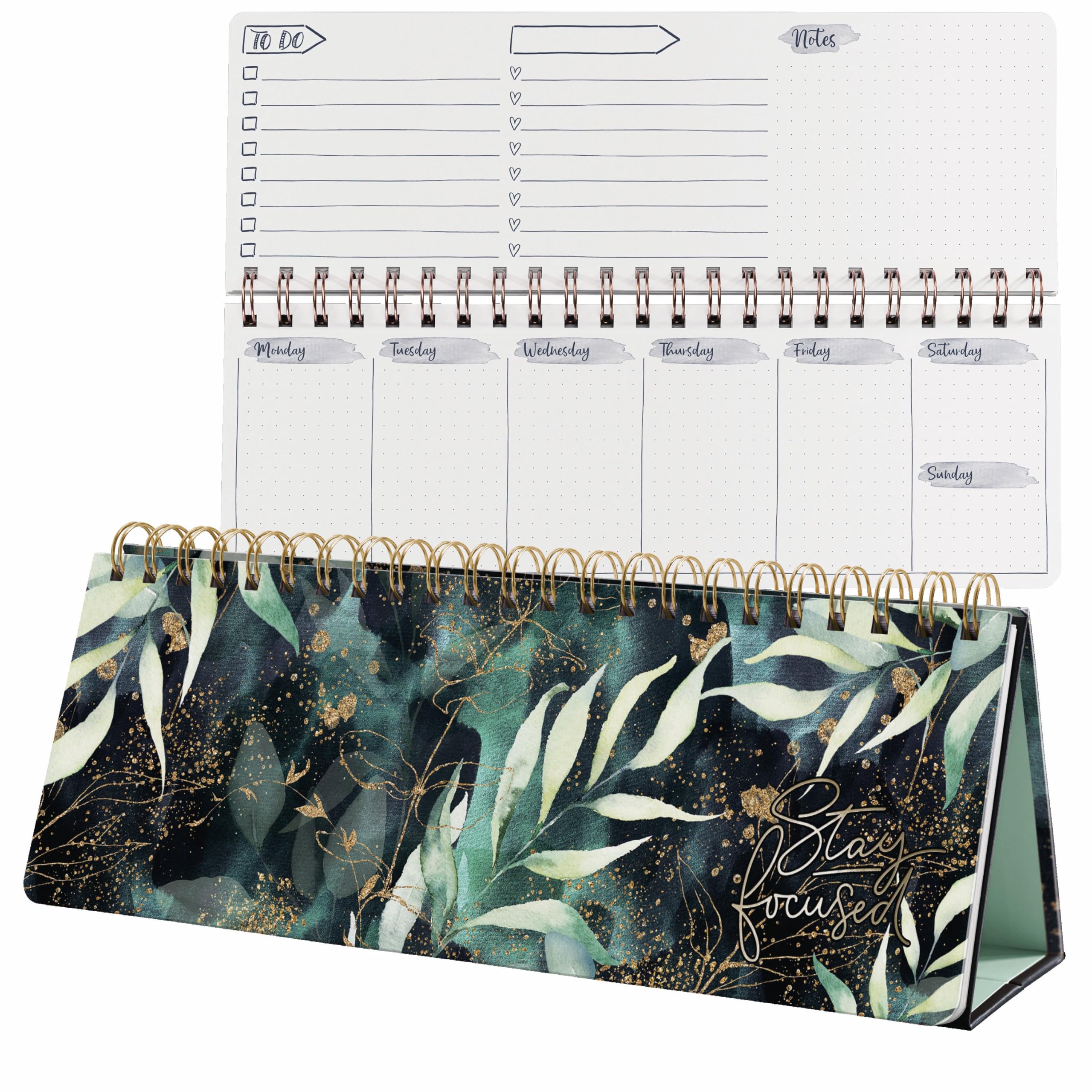 SIGEL JP103 Jolie Weekly planner undated, Glamorous Leaves, 100 gsm, 30 x 11,4 cm, hardcover, 124 pages, Green, Black, gold