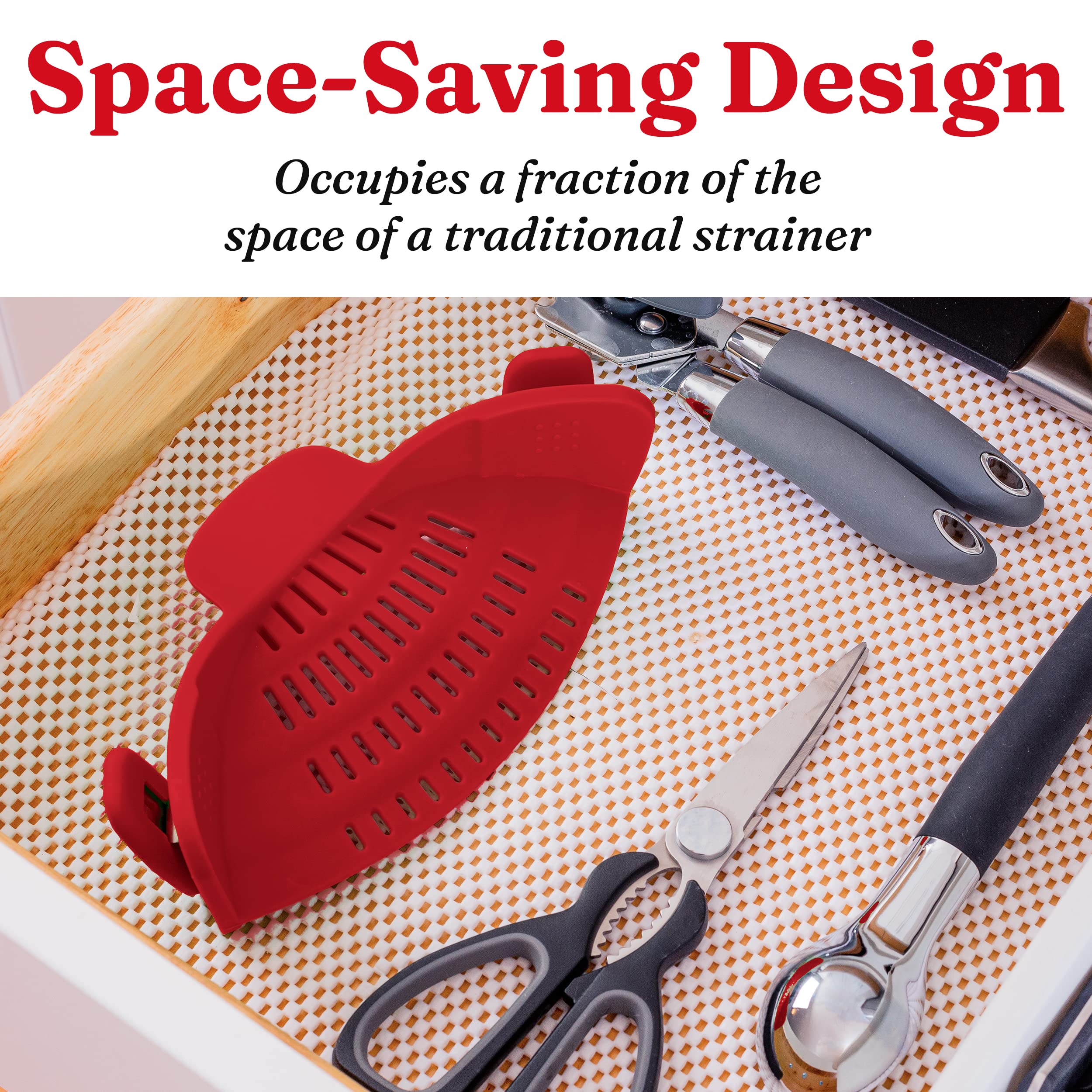Kitchen Gizmo Snap N Strain Silicone Pot Strainer - Adjustable Clip-On Pasta Strainer for Pots, Pans, and Bowls - Large Red Kitchen Colander