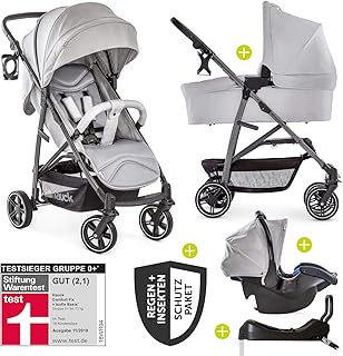 Hauck 11-teiliges Kinderwagen Set 3in1 - Rapid 4S Plus Trio Set - inkl. Babyschale & Isofix-Basis fürs Auto + Zubehörpaket/Kombikinderwagen ab Geburt bis ca. 25 kg - Lunar Stone