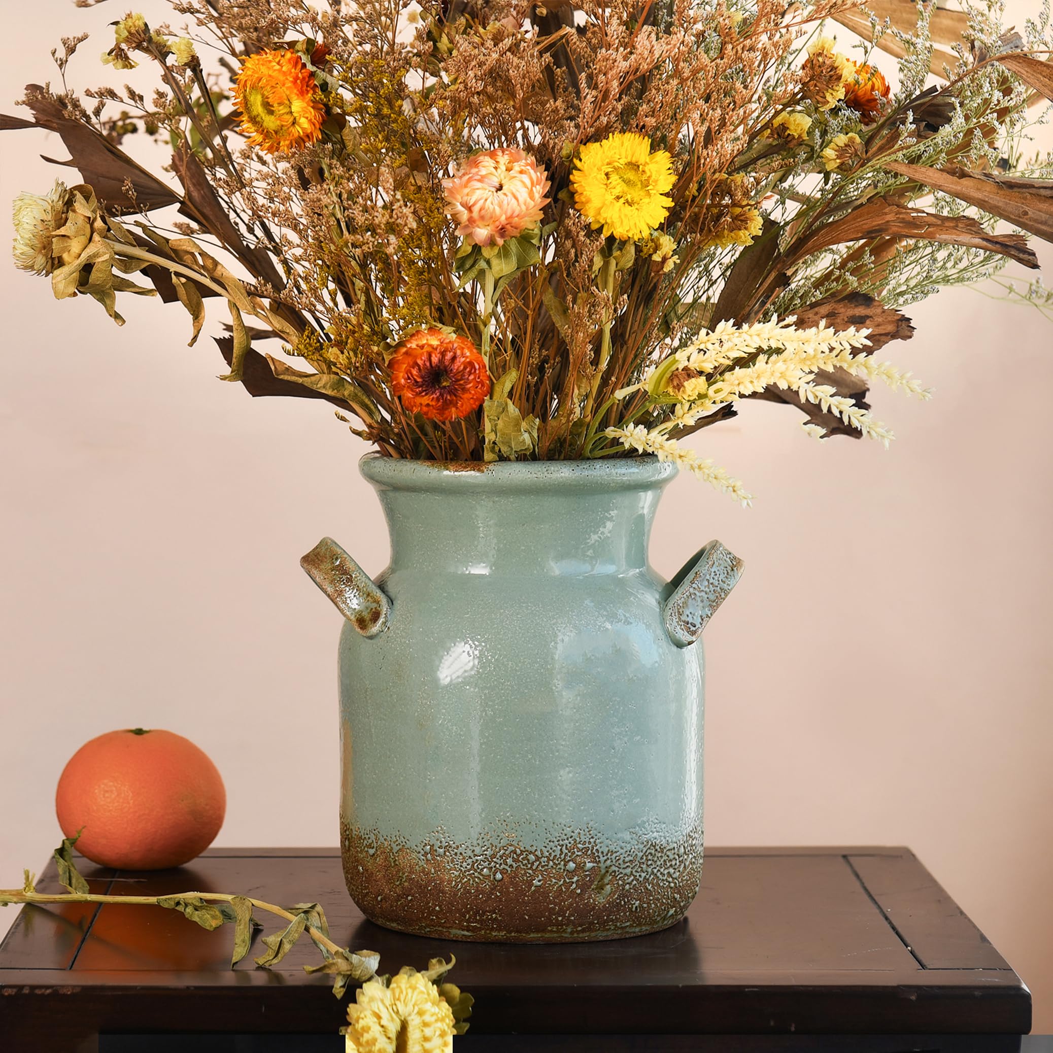 Photo 1 of Quoowiit Ceramic Rustic Farmhouse Vase, Distressed Decorative Flower Vases for Home Decor, Ideal Shelf Decor, Green Boho Vase for Living Room Bedroom Kitchen Office Centerpiece Table Decorations