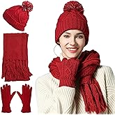 Winter Scarf Gloves and Hat Set for Women, Beanie Hat Long Scarf Touchscreen Gloves, Warm 3 in 1 Set for Womens Girls