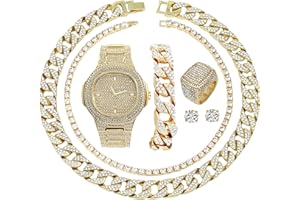 CHARLES RAYMOND Fully Iced Mens Big Rocks Bezel Color Dial with Roman Numerals, Cuban Chain Bracelet, Cuban Necklace, Tennis Chain & Ring - ST10327CRNT