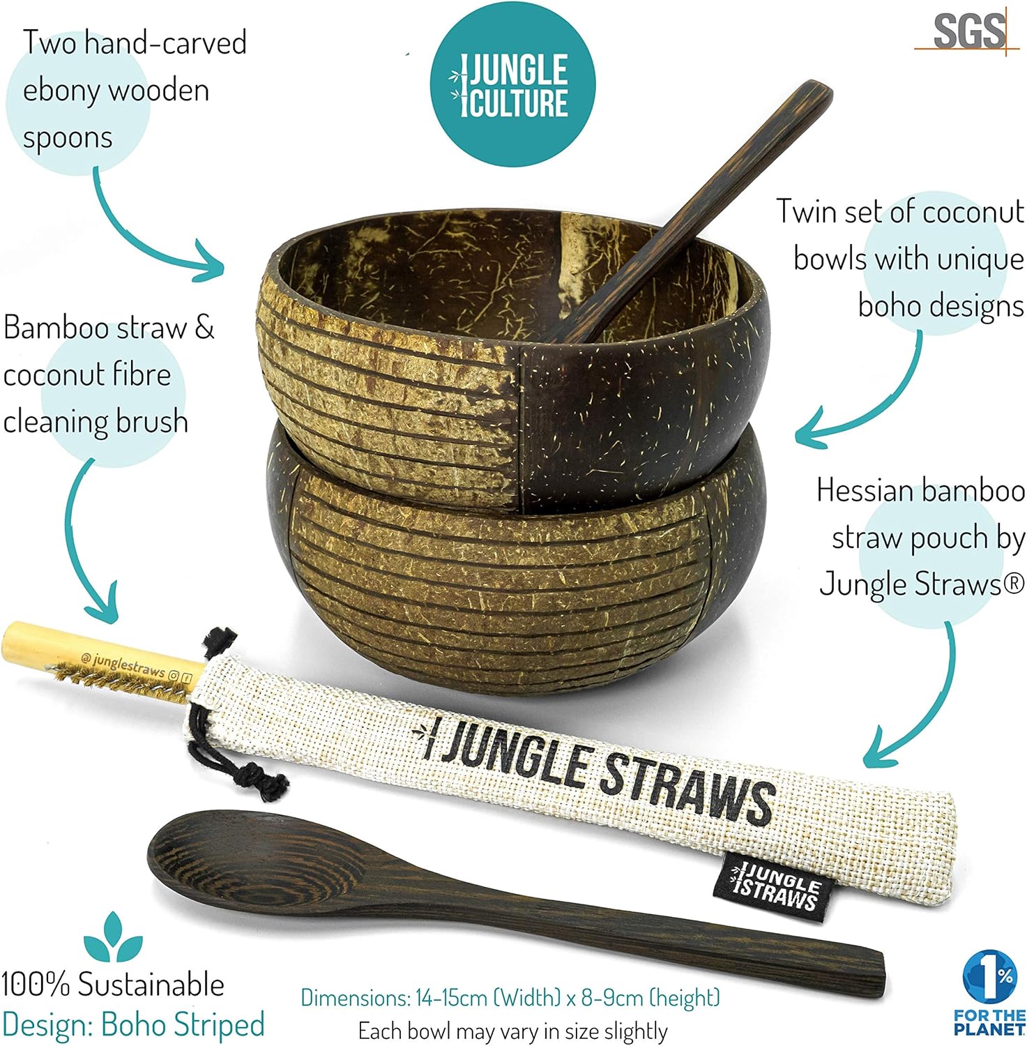 Jungle Culture® Set of 2 Coconut Bowls & Spoons • Organic Wooden Bowls Polished with Coconut Oil - Image 3