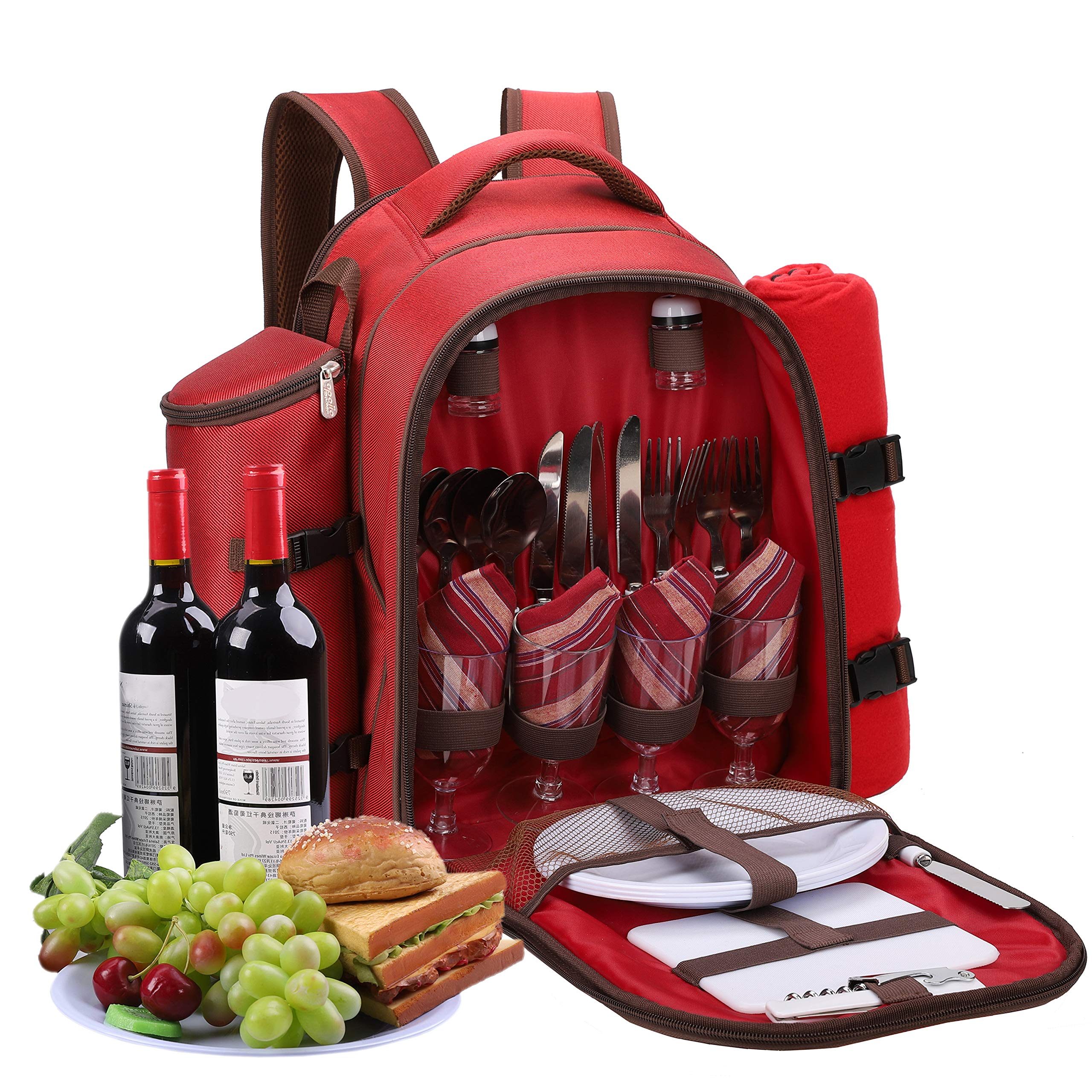 APOLLO WALKER Picnic Bag, Picnic Set for 4 People (Tableware and Blanket), Beach Backpack Cooler, Thermal Cooler Picnic Backpack for Camping, Beach and Hiking (Red - Four People)