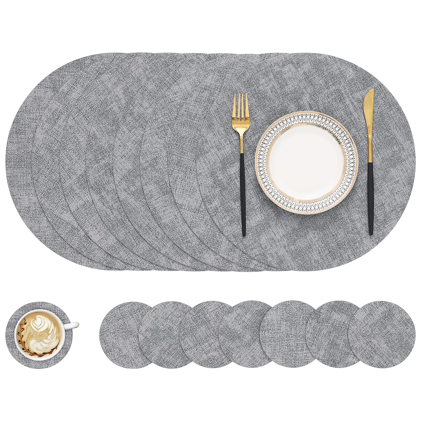 homing Round Faux Leather Placemat and Coaster 8 Packs, Washable Heat Resistant Dining Place Mats, Wipeable Double-Sided Table Mats for Indoor and Outdoor, Diameter 13 and 3.93 inch, Light Grey Image