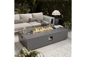 UPHA 56-inch Outdoor Propane Gas Fire Pit Table 50000 BTU Concrete Rectangle FirePit for Outside Patio with Propane Tank Cover, Wind Guad, Lava Rocks, Rain Cover, Grey