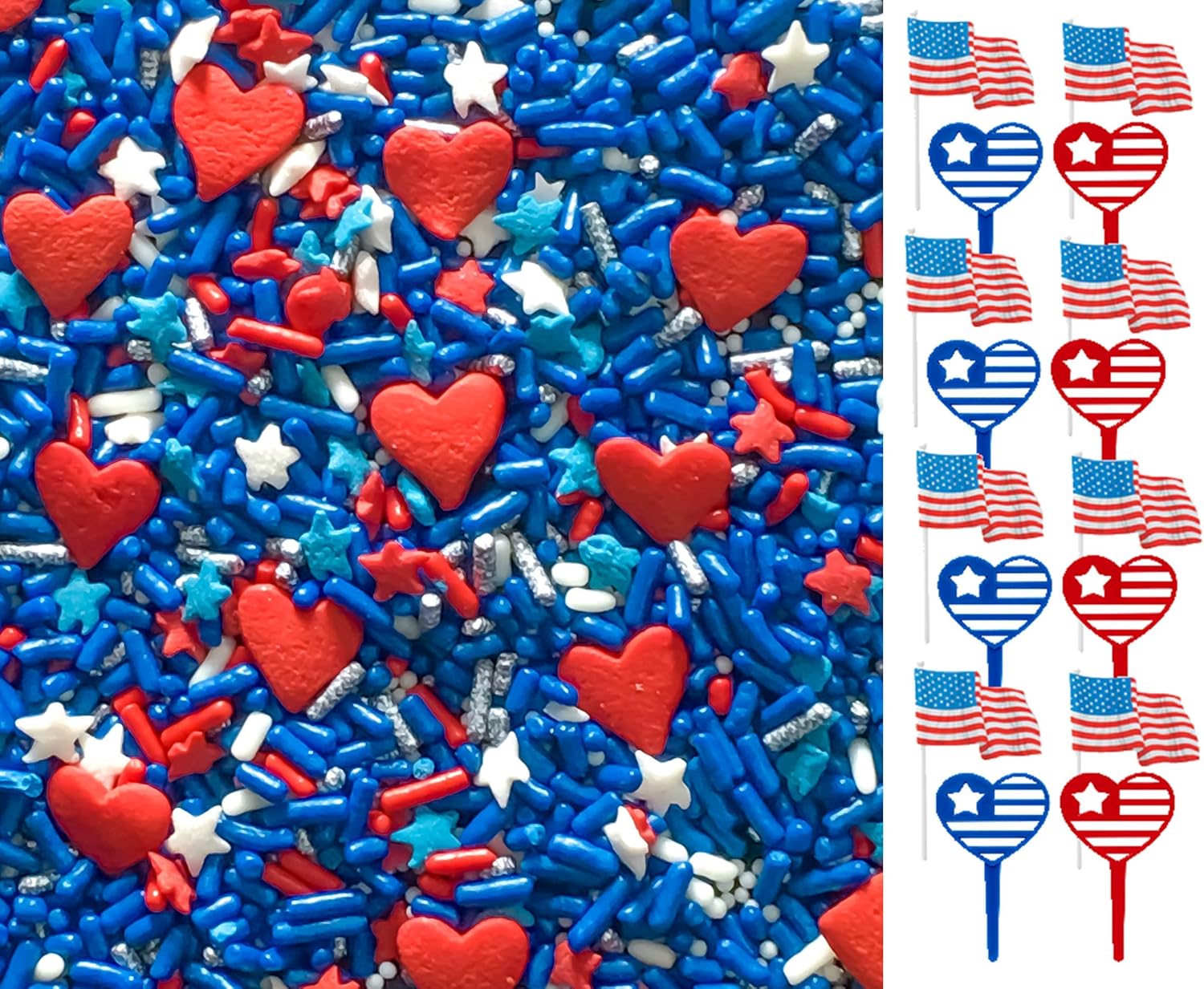 Memorial Independence Day 4th of July Patriotic Red Heart Dessert Edible Sprinkles Confetti Cake Cookie Cupcake Ice Cream Donut Quins Decorations Toppers with Food Picks