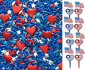 Memorial Independence Day 4th of July Patriotic Red Heart Dessert Edible Sprinkles Confetti Cake Cookie Cupcake Ice Cream Donut Quins Decorations Toppers with Food Picks