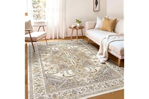 WITSHOCK Boho Area Rugs Machine Washable for Living Room Bedroom, Large 5x7 Vintage Non-Slip Stain Resistant Floor Carpet Indoor for Kitchen Dining Room Office Home Decor, Turmeric-Grey