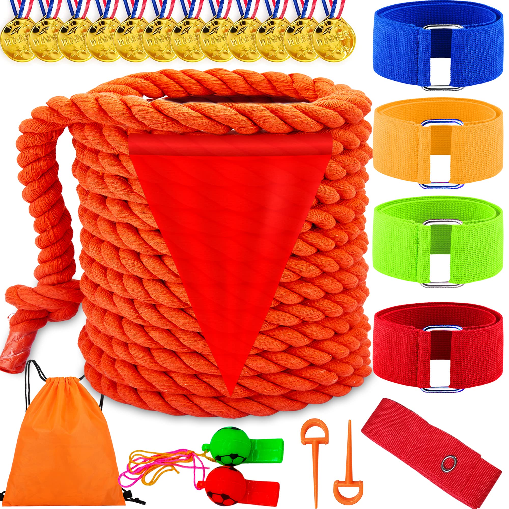 Lubibi Sports Days Kit,20ft Tug Of War Rope Kit With Three-legged Race Band Whistles Medals Marking Line Carry Bag, Outdoor Play Sports Day Family Party Beach Party Game For Kids Adults