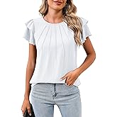 SimpleFun Womens Blouses Dressy Casual Work Tops Ruffle Short Sleeve Crew Neck Pleated Summer Shirts