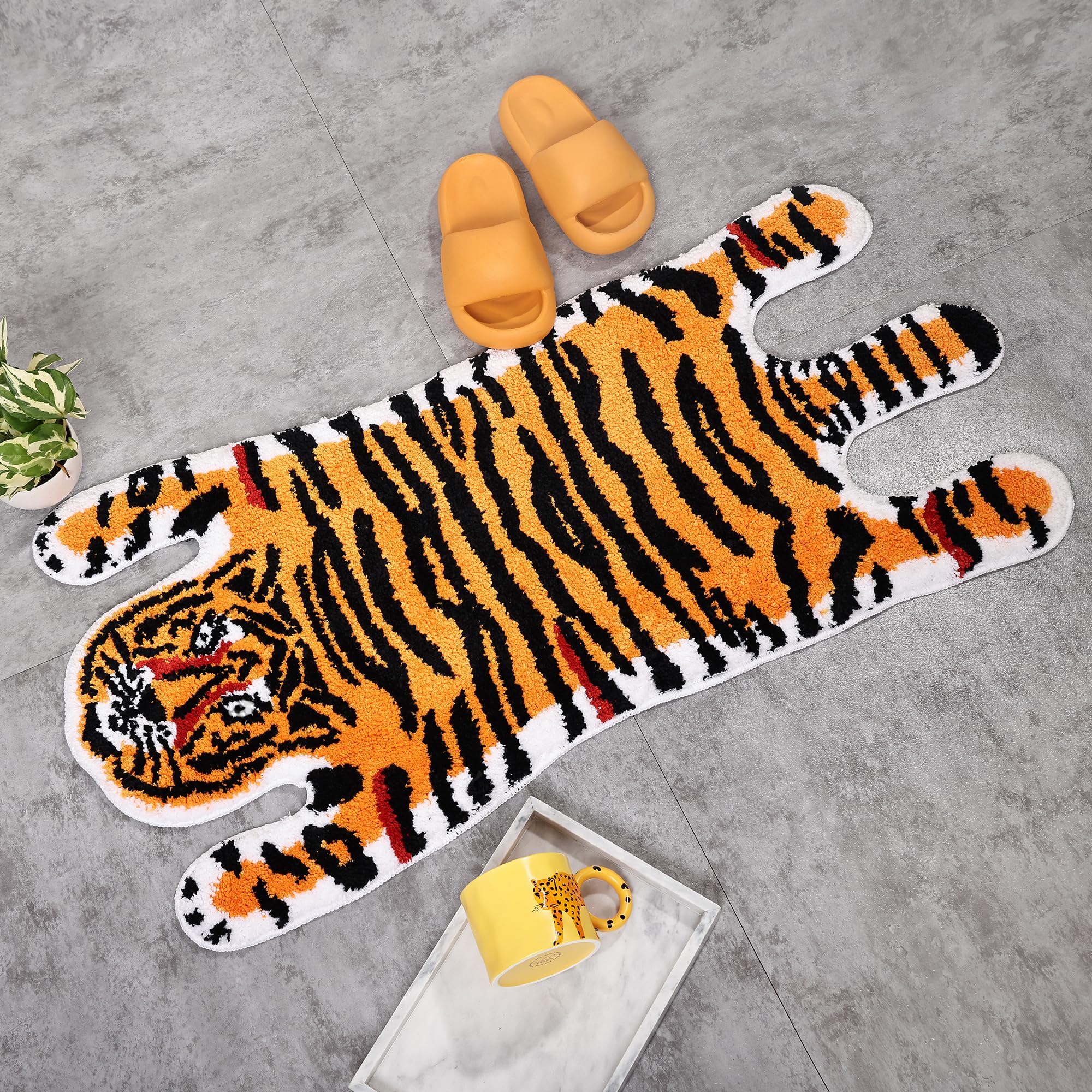 Photo 1 of Panstar Tiger Bath Mat for Bathroom, Cute Orange Yellow Tiger Cartoon Non Slip Animal Shaped Absorbent Bathtub Bathroom Plush Shower Rugs