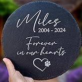 Personalized Pet Memorial Stone for Dogs and Cats | Custom Laser-Etched Weatherproof Garden Grave Marker | Natural Stone Bereavement Headstone Sympathy Gift | 4, 6, 10, or 12 Inch Heart or Circle Shape (A2)