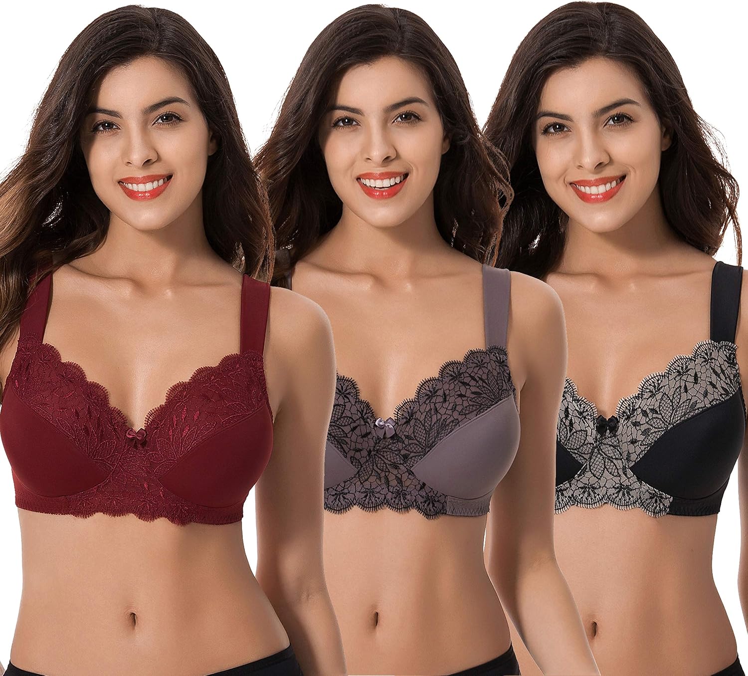 Curve Muse Plus Size Unlined Minimizer Wireless Bras with Embroidery Lace-3Pack at  Women’s Clothing store