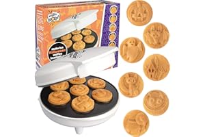 WAFFLE WOW! Halloween Mini Waffle Maker - 7 Different Spooky Designs, Make Breakfast Fun with Electric Nonstick Waffler Iron Featuring a Pumpkin Bat Ghost Spider & More, Unique Holiday Breakfast for Kids or Gift