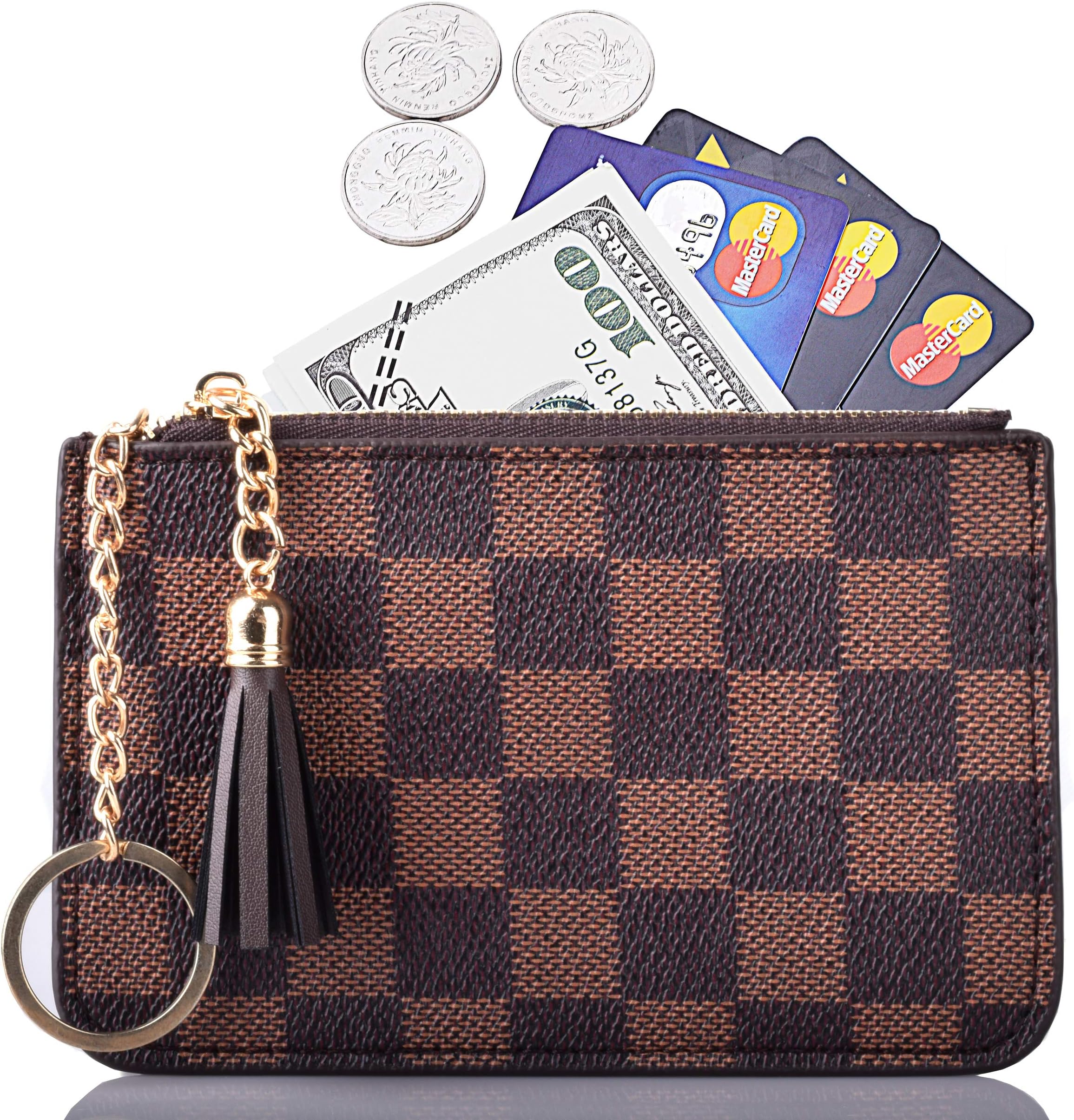 Women Coin Purse Leather Change Credit Card Holder Wallet with Key Chain Tassel Zip