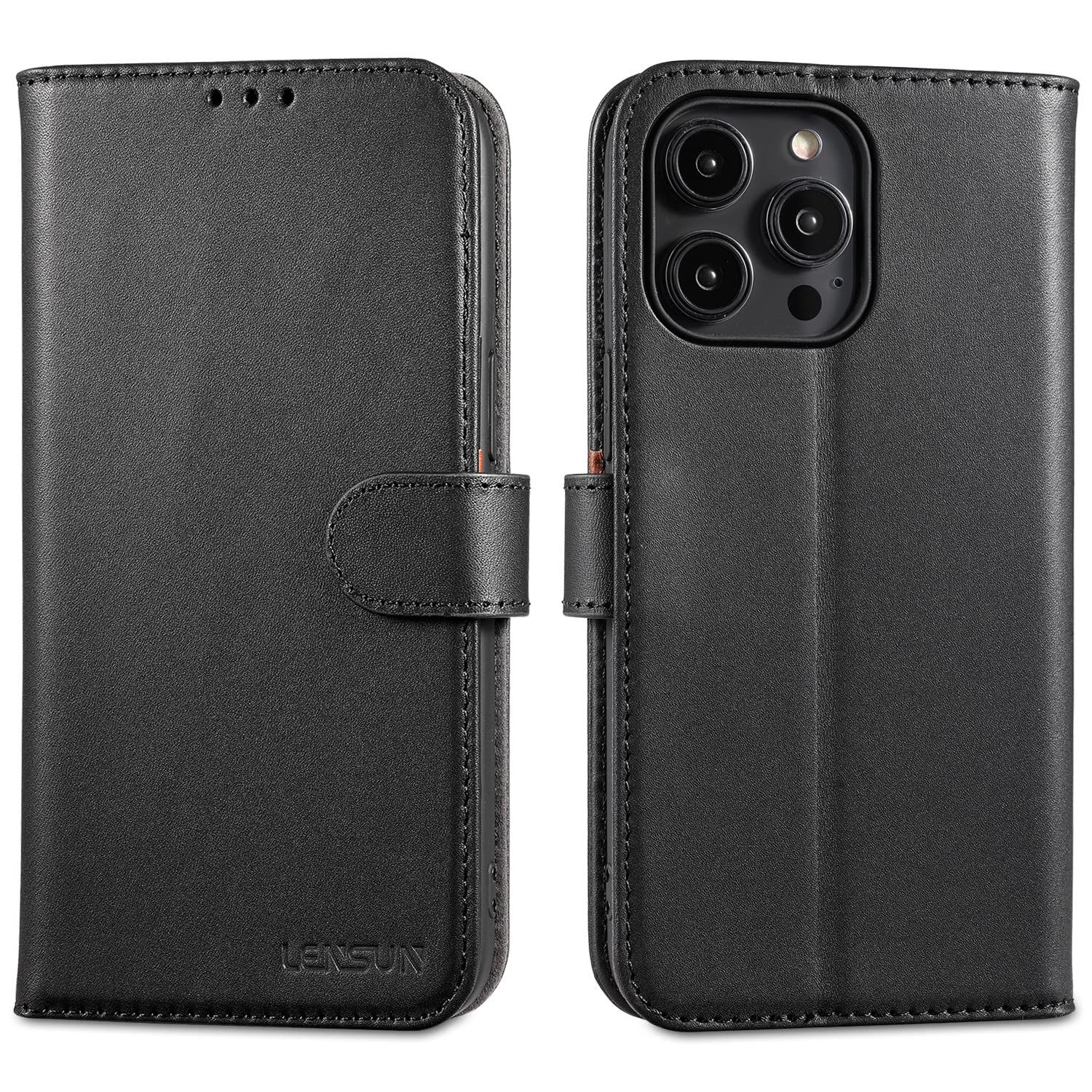LENSUN Case for iPhone 14 Pro Max, Genuine Leather Wallet Flip Phone Cover Folio [RFID Blocking] with Card Holder and Magnetic Closure for Apple iPhone 14 Pro Max - Black
