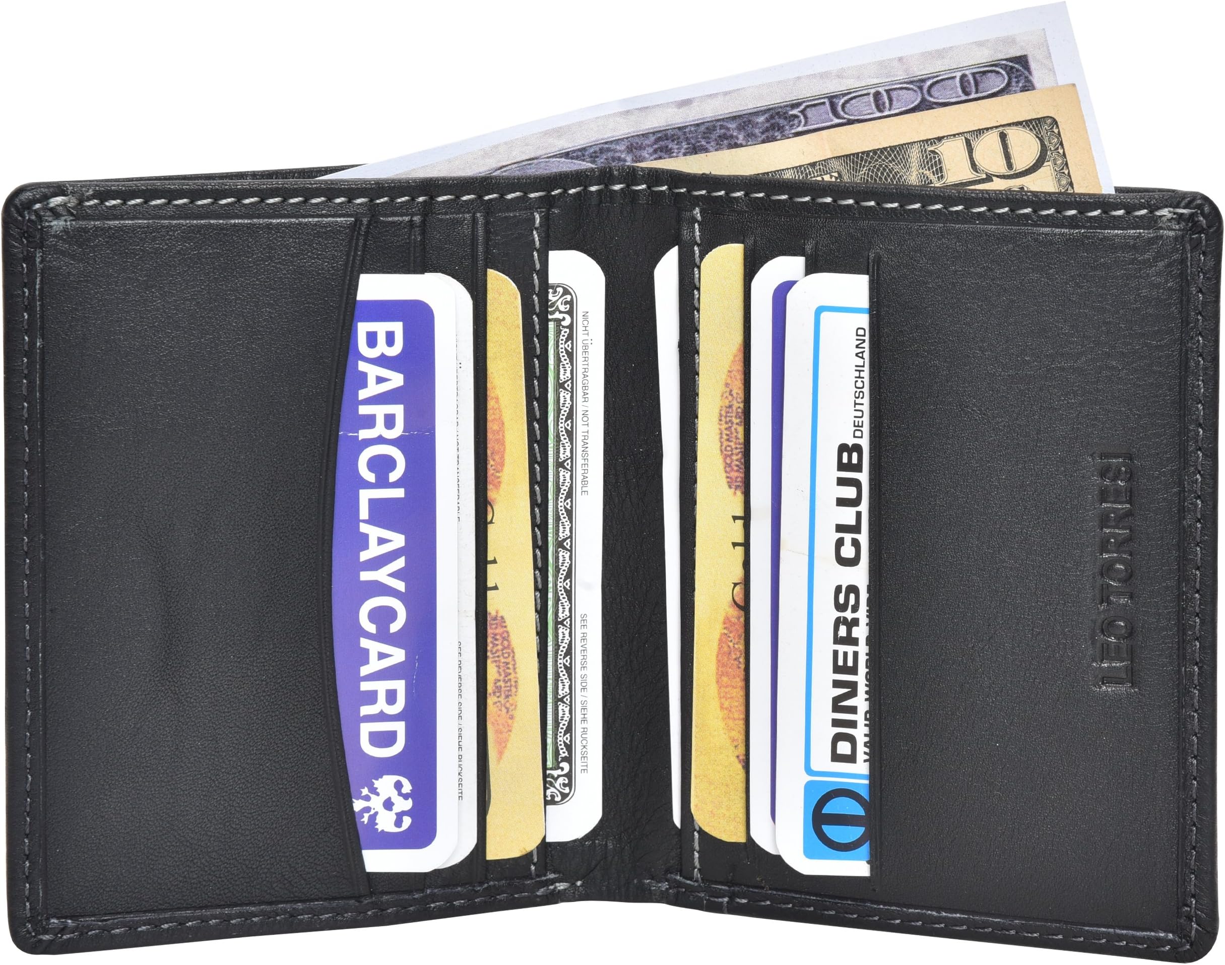 LEO TORRESI "Ultra Lite" Genuine Leather Front pocket Bifold Minimalist Card Wallet with RFID Protection, Black