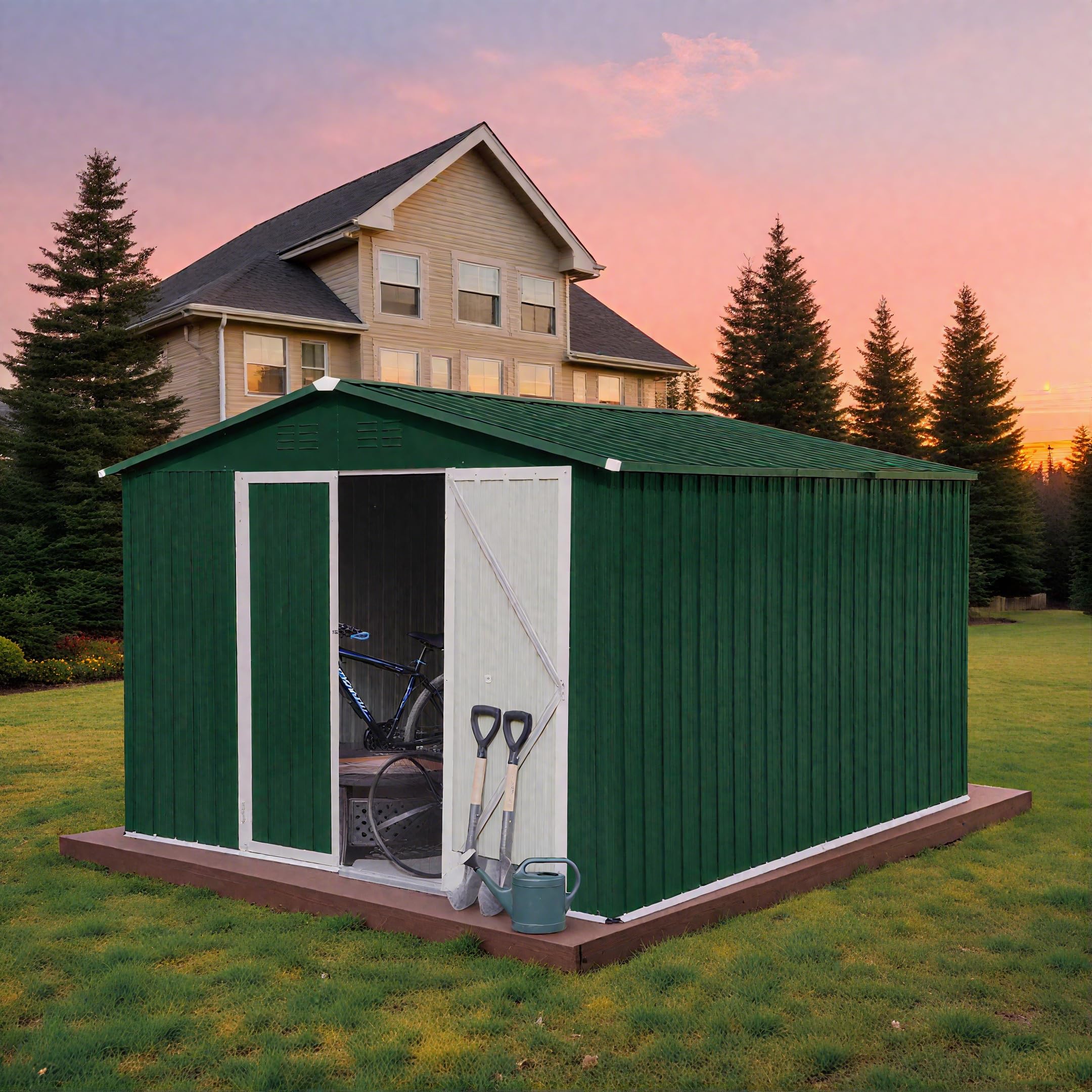 Photo 1 of 10 x 8 FT Outdoor Storage Shed, Metal Garden Tool Shed with Slooping Roof, Lockable Doors and Aluminum Frames, Easy to Assemble for Garden, Patio, Lawn, Green