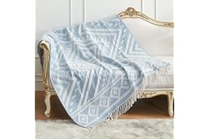 Amélie Home Chenille Woven Throw Blanket for Couch, Jacquard Retro Decorative Boho Design with Handmade Tassels, Soft Cozy Blanket for Chair Sofa Bed Outdoor in Spring, 50x60, Light Blue