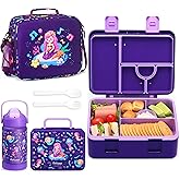 rockpapa 5 Compartment Bento Lunch Box for Kids with Uensils & Insulated Water Bottle & Lunch Bag with Strap, BPA-Free Lunch box Containers Set for School Boys Girls Ages 3+ (Purple Mermaid)