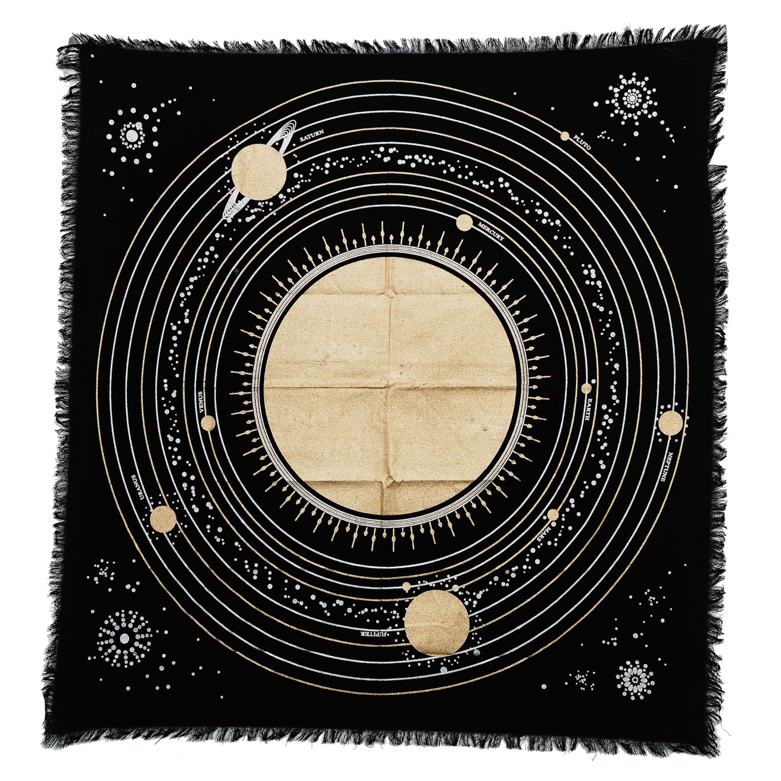 Indian Consigners 24x24” Solar System Altar Cloth – Gold Silver Planetary Design – Witchcraft Tablecloth for Tarot, Rituals, and Spells