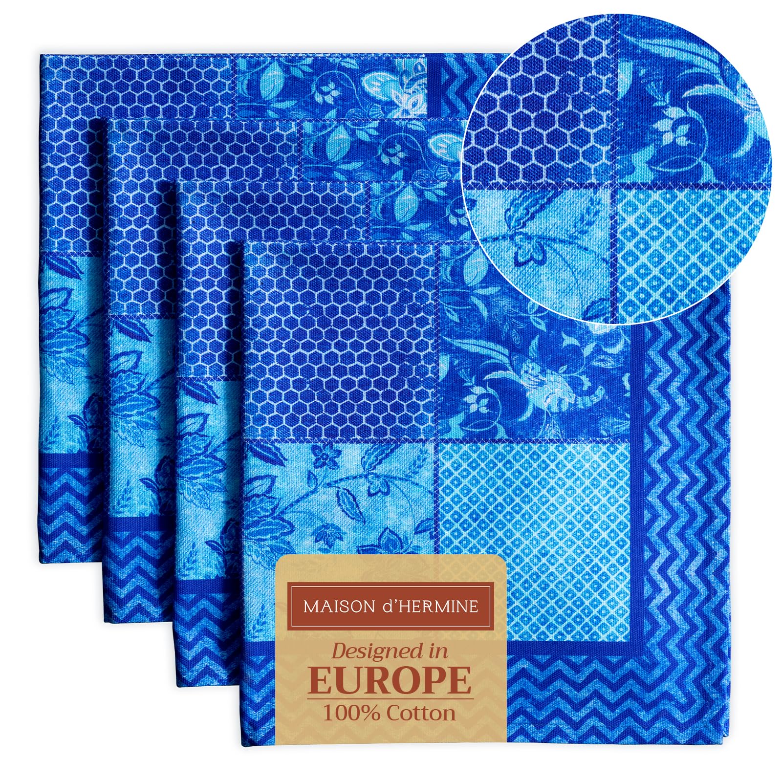 Maison d' Hermine Cloth Napkins Set of 4 100% Cotton Everyday Reusable Square Napkins Cloth Washable Dinner Party Wedding Restaurant Gifts for Mothers Day (Indigo Love, 45 CM x 45 CM)