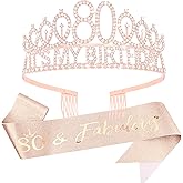 Vovii 80th Birthday Sash and Tiara, Rose Gold Tiara, 80th Birthday Decorations for Women