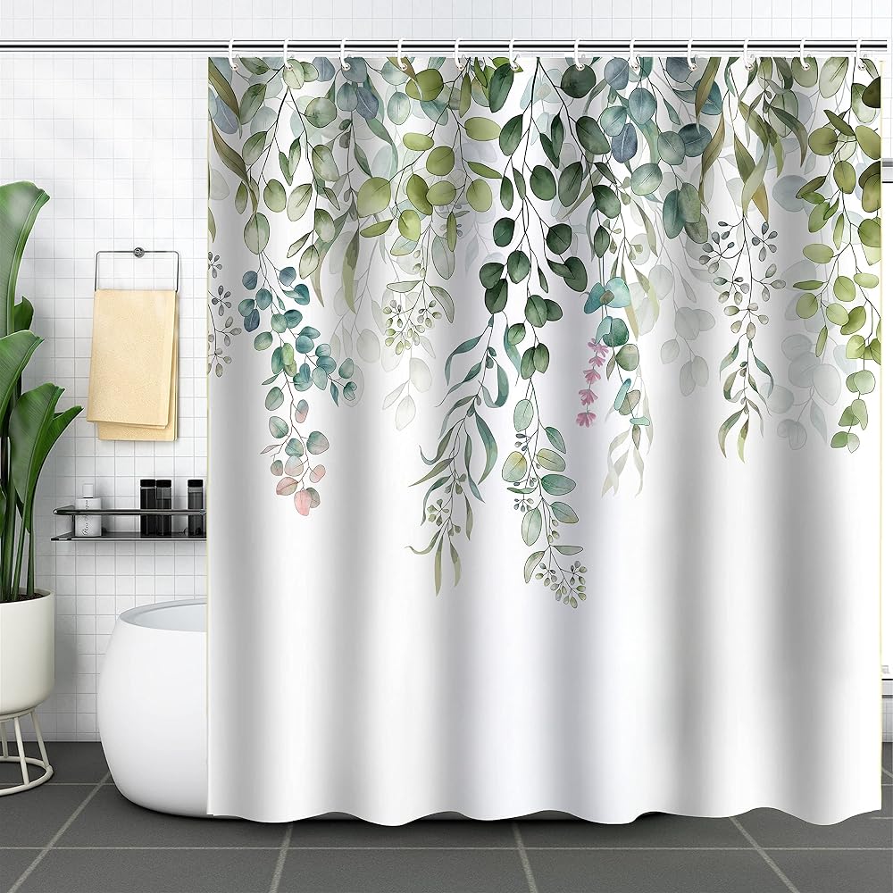 WELTRXE Shower Curtain 183x183cm Green Leaves Waterproof 12 Hooks
