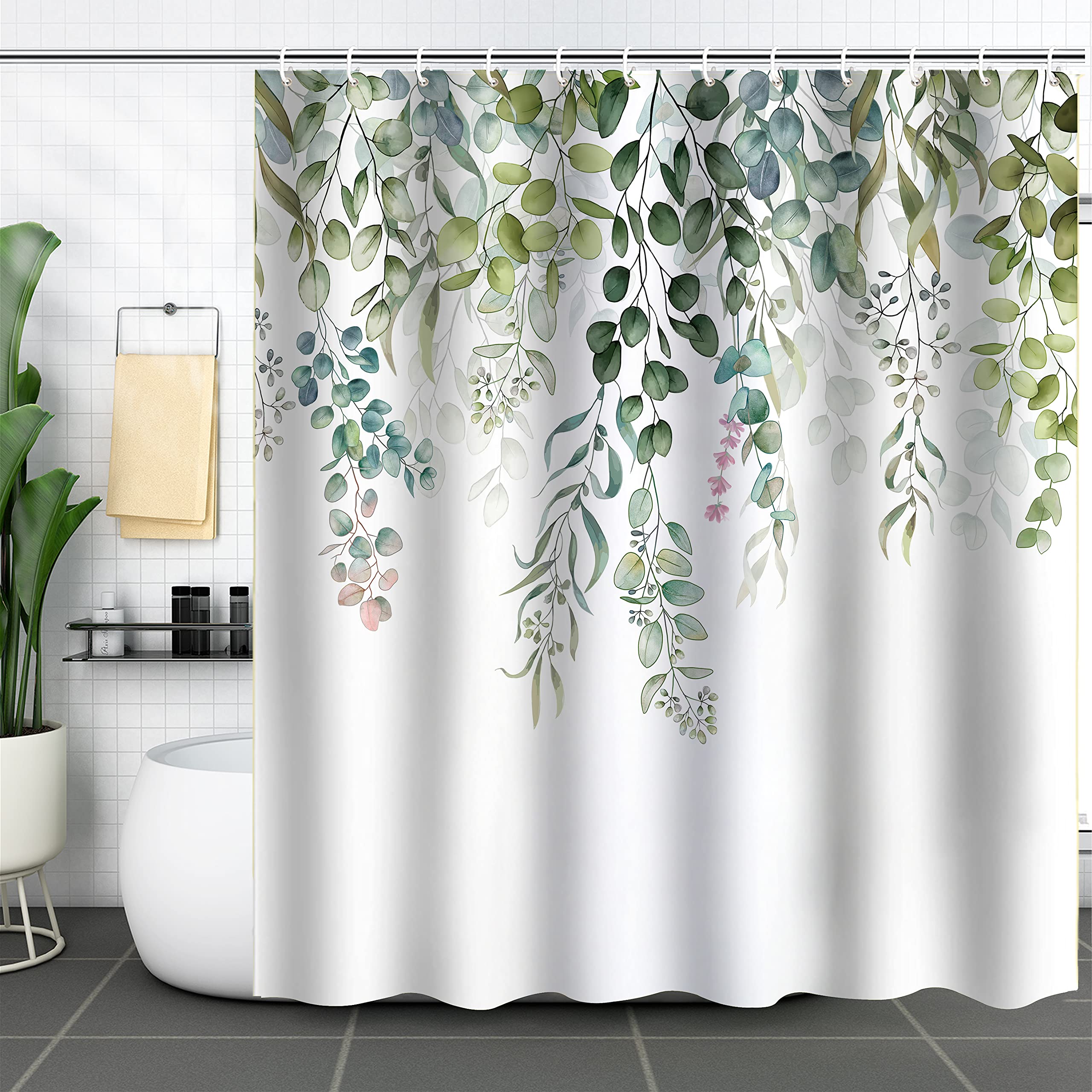 WELTRXE Shower Curtain Mould Proof Mildew Resistant, Bathroom Curtain with 12 Hooks, Waterproof Polyester Fabric Bathtub Curtain, Weighted Hem, Washable, Quick Dry, 183x183cm, Green Leaves — image 1
