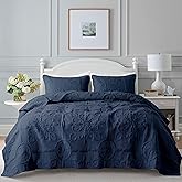 B2EVER Navy Blue Damask Quilt King Size Bedding Sets with 2 Pillow Shams, Boho Bedspread Lightweight Soft Farmhouse Vintage Bohemian Coverlet Retro Jacquard Pattern Bed Cover for All Season, 3 Pieces