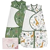 FIEMOL Baby Swaddle Sleep Sack 3-6 Months, Swaddles for Newborns Boy Girl, 3-Way Adjustable Infant Swaddle Wearable Blanket with Zipper & Detachable Wrap, 2 Pack Soft Snug Green Giraffe
