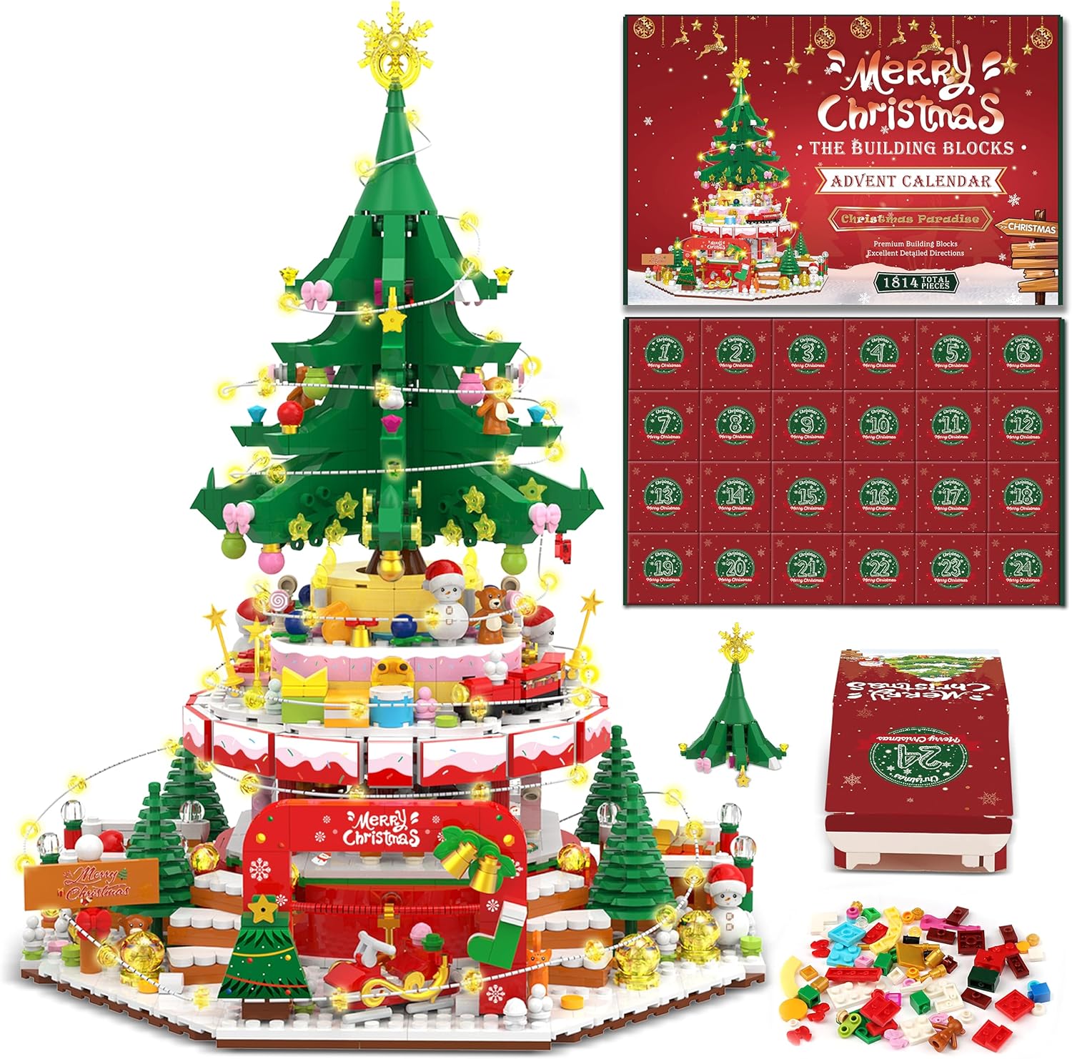 Advent Calendars - Advent Calendar 2023 Christmas Paradise Building Blocks Set, 24 Days 1814 Pieces Christmas Countdown Calendar Building Toy Set for Kids Adult with LED Light Christmas Gifts for Adults Teens Girls Ages 8+