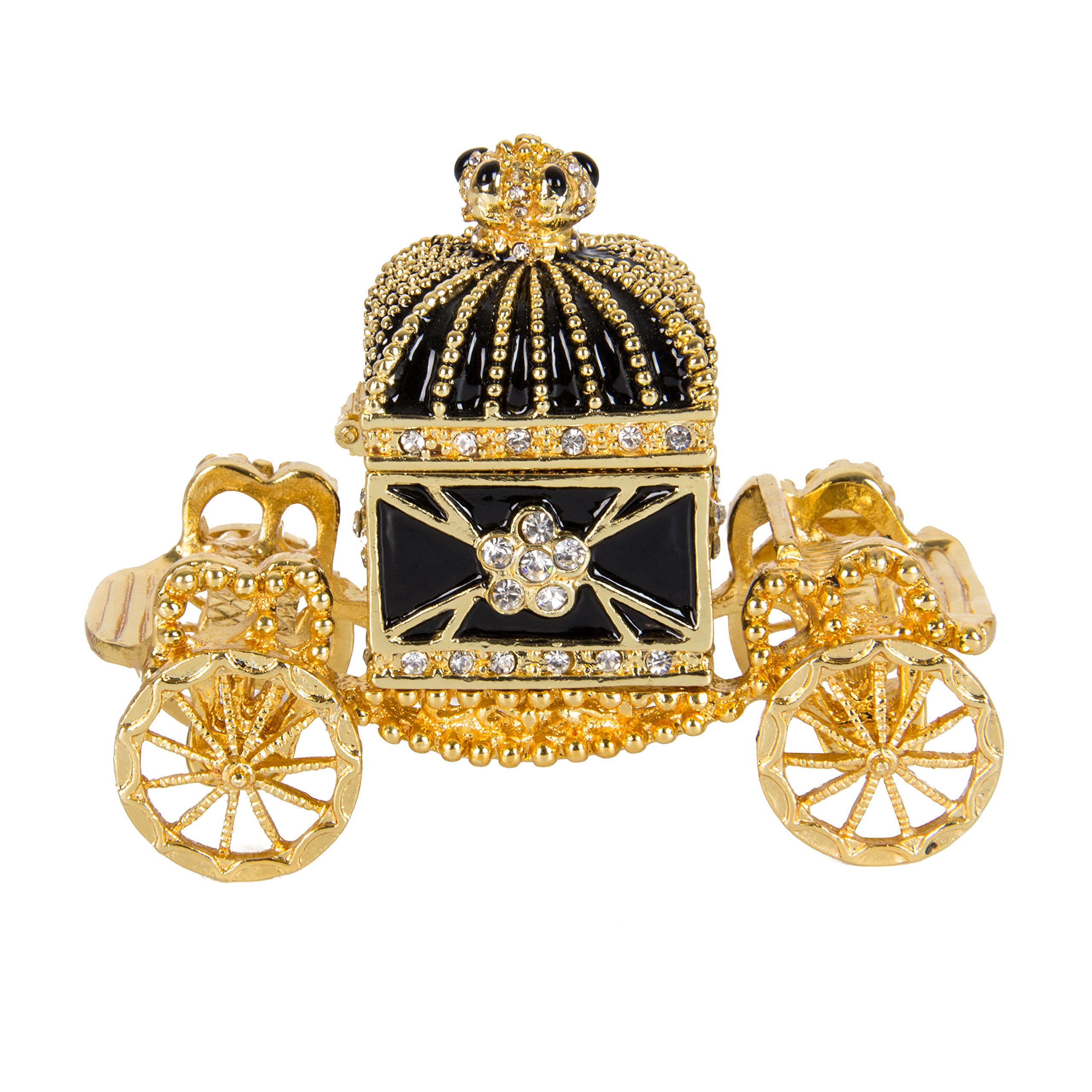 QIFU Hand Painted Black-Gold Royal Carriage Style Enamel Trinket Box Hinged, Unique Gift for Family