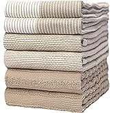 Premium Kitchen Towels (20”x 28”, 6 Pack) | Large Cotton Dish Towels | Flat & Terry Highly Absorbent Kitchen Linen Set with Hanging Loop | Tan