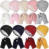 Suhine 18 Pcs/ 9 Sets Women Satin Lined Knitted Beanie Glove Set Knitted Beanie Hat 9 Pcs Knit Skull Caps 9 Pairs Touchscreen Gloves for Winter Cold Weather, 9 Colors