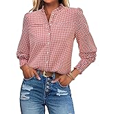 Uhiger Plaid Shirts for Women Button Down Shirt Ruffle Neck Long Sleeve Blouses Dressy Casual Gingham Tops with Chest Pockets