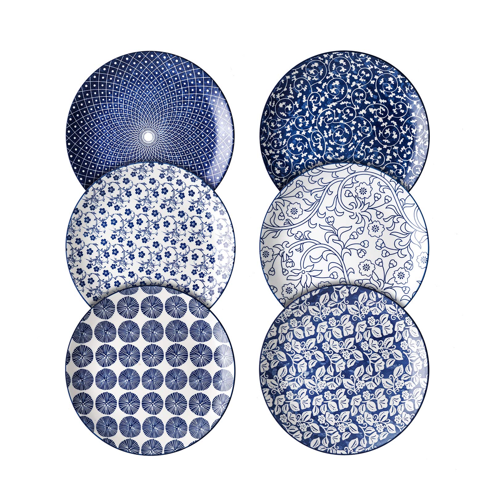 Selamica 8 inch Porcelain Dinner Plates, Large Size Serving Plate for Salad, Pancakes, Steak, Set of 6, Vintage Blue