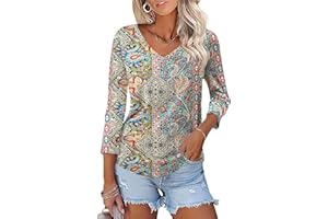KTILG Women's V Neck T Shirts 3/4 Sleeve Blouse Summer Tops Dressy Casual Solid Basic Tees